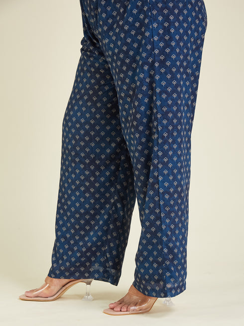 Janasya Women's Plus Size Dark Blue Georgette Ajrakh Printed Embellished Anarkali Kurta Set